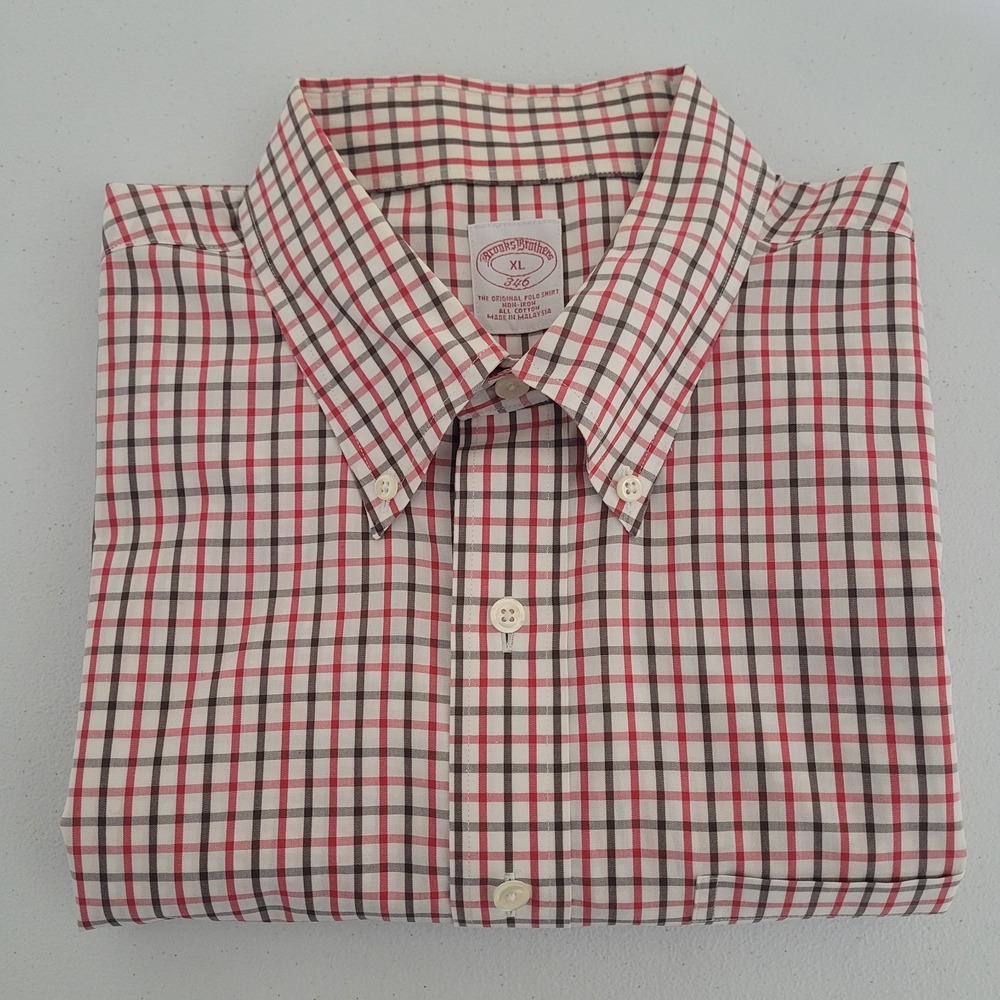Brooks Brothers 346 Button Down Shirt Size XL Red Gray Plaid Non Iron All Cotton
